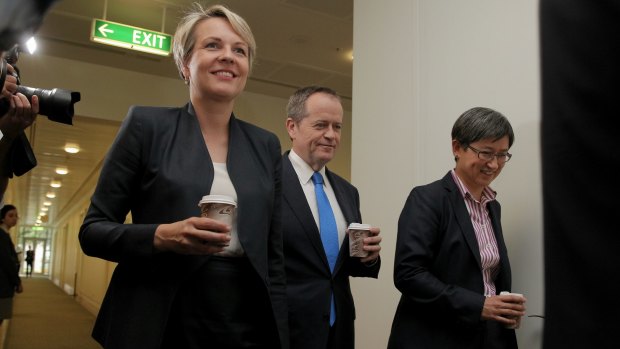 Good news for some: Deputy Opposition Leader Tanya Plibersek, Opposition Leader Bill Shorten and Senator Penny Wong walk past the Liberal party room meeting on Monday.