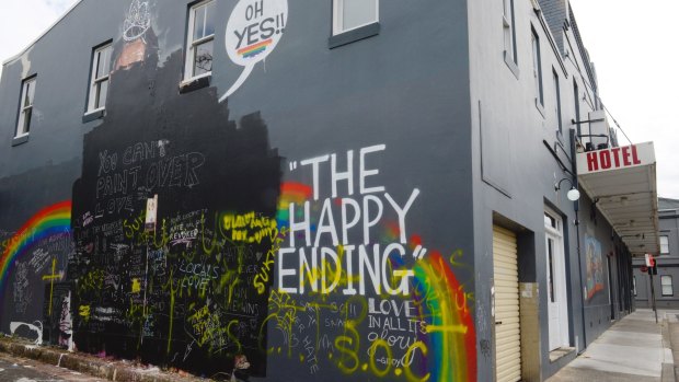 The Happy Ending mural, located on the side of the Botany View Hotel in Newtown, was vandalised.