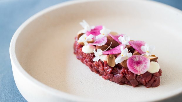 The go-to dish of kangaroo tartare, watermelon radish, parsnip and espelette pepper.