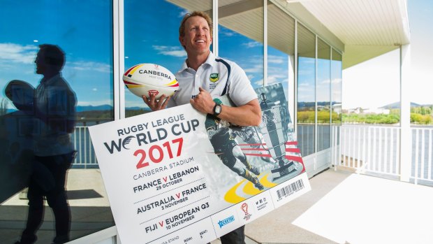 Former Raider Alan Tongue helped launch the one-year-to-go campaign to the rugby league World Cup, with games to be held in Canberra.