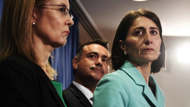 NSW Premier Gladys Berejiklian, flanked by Local Government Minister Gabrielle Upton and Deputy Premier John Barilaro. 