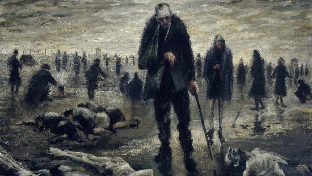 <i>Blind man in Belsen</i>, an oil on canvas painting by Alan Moore, Melbourne, Victoria, 1947.