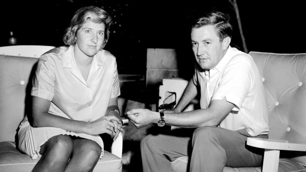 Dawn Fraser with her solicitor Edward France in Sydney on March 3, 1965, the day after she was banned from swimming for 10 years.
