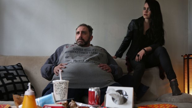 Keith Agius (with Chloe Bayliess) in the fat suit he wears for <i>The Whale</i>.