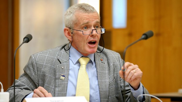 One Nation senator Malcolm Roberts puts questions to chief scientist Alan Finkel during a Senate estimates hearing.