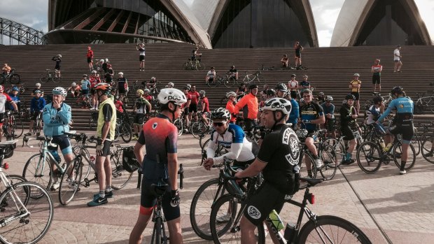 Cyclists paid tribute to Mike Hall at a memorial bike ride at the Sydney Opera House after his death in the Indian Pacific Wheel Race last year.