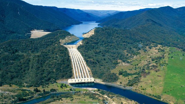 Dam and water storage for the hydro scheme in the Snowy Mountains.