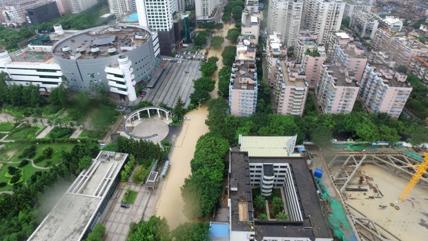 An aerial view of a flooded road n Fuzhou.