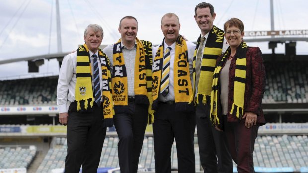 Capital Football president Mark O'Neill, ACT Chief Minister Andrew Barr, Mariners boss Shaun Mielekamp, Phoenix boss David Dome and Wellington mayor Celia Wade-Brown recently announced an A-League match between the two clubs in Canberra recently.