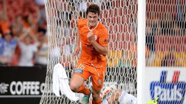 James Donachie celebrates after scoring a goal during the Roar's match with the  Wellington Phoenix on February 2.