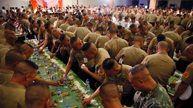 Philippine marines during President Rodrigo Duterte's visit to their headquarters on Tuesday.