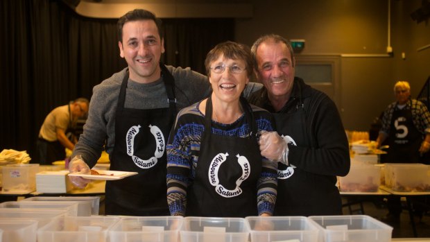 Family day: Melbourne Salami Festa co-founder Carlo Mazzarella, left, with parents Mary and Sam Mazzarella, are all volunteers at the event.