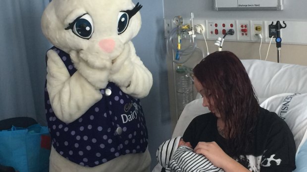 Baby Bentley, with his mum, Skye, welcomed as Brisbane's first Easter baby. 