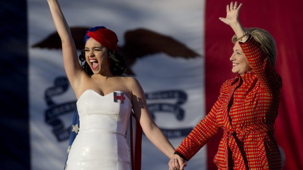 Pop singer Katy Perry and Hillary Clinton at a Democrat fundraiser in Iowa last year. 