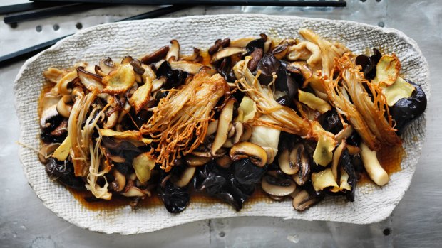 Stir-fried mushrooms with soy and ginger. 