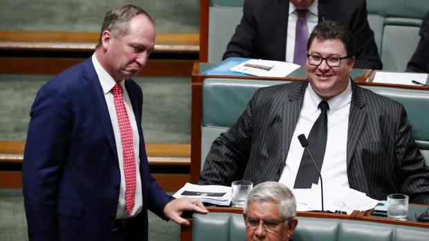 Deputy Prime Minister Barnaby Joyce and Nationals MP George Christensen during Question Time at Parliament House in Canberra on Tuesday 28 February 2017.