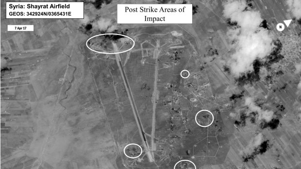 A damage assessment image of Shayrat airbase in Syria after the US air strike on Friday.