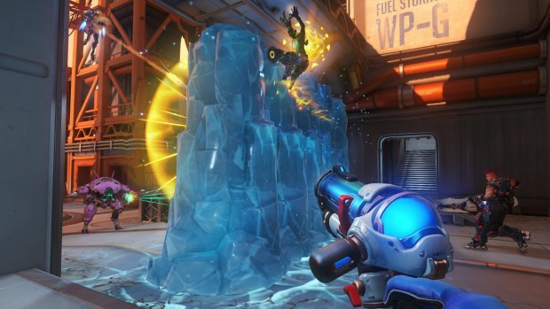Mei deploys an Ice Wall, which is great for defence, herding your enemies or making a bridge for teammates. Also makes a good playground for Lucio, as seen here.