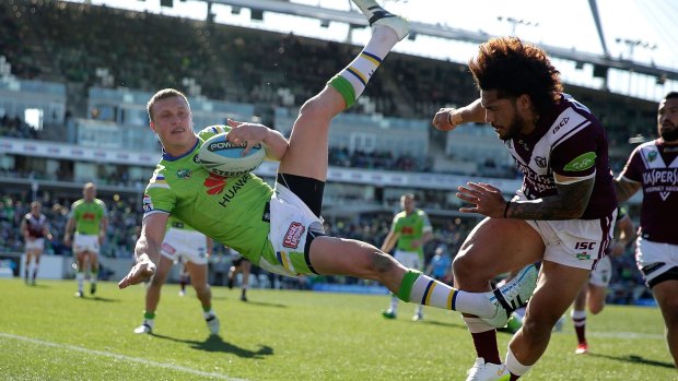 Collision course: Jorge Taufua was found not guilty of a shoulder charge for this collision with Raiders fullback Jack Wighton.