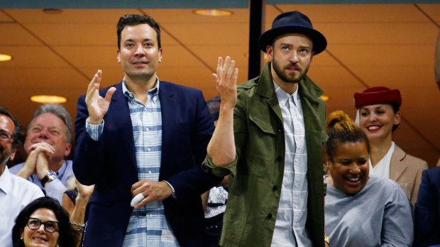 Jimmy Fallon and singer and actor Justin Timberlake dance together. Fallon has huge audience appeal as a late-night television host.