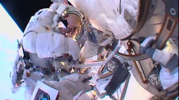 Tim Peake during on his first spacewalk after replacing a faulty voltage regulator on the International Space Station. This image comes from fellow spacewalker Tim Kopra's helmet-mounted camera. 