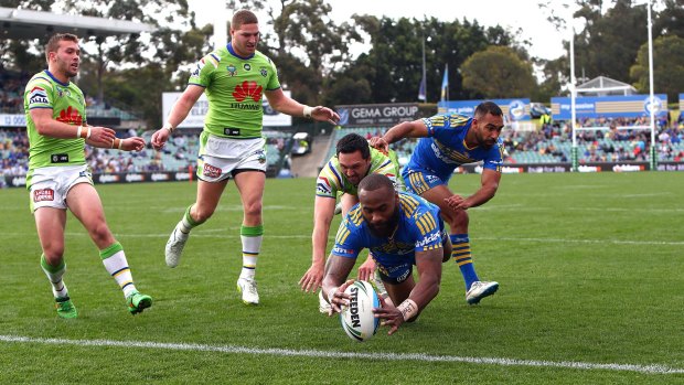 Slippery fingers: Semi Radradra scores for the Eels.