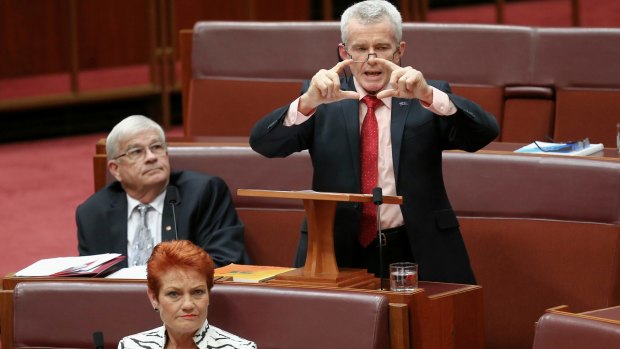 Senator Malcolm Roberts delivers his first speech as One Nation party leader Pauline Hanson listens.