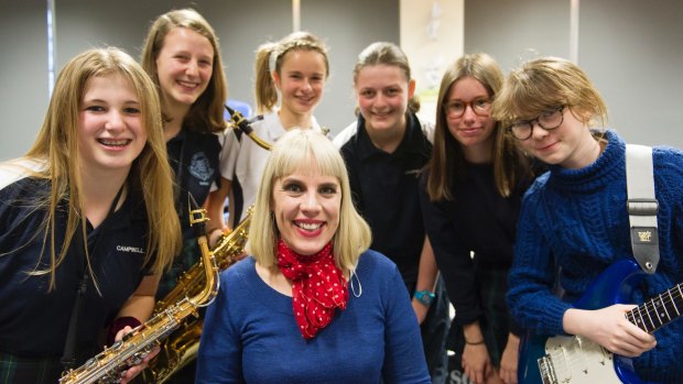 Jess Green  with students, from left, Carys Connick, alto sax, Katharina Inveen, tenor sax, Rachel Wilson, trumpet,  Tahli Mullins, drums, Ruby Skeat, bass, and Adele Louchart-Fletcher, guitar.