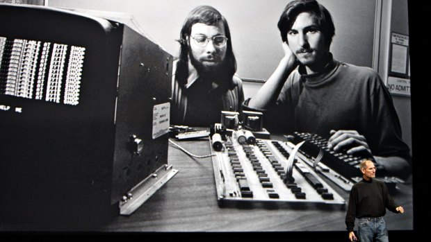 Apple co-founders Steve Wozniak and Steve Jobs pictured with an Apple I computer. In the foreground Jobs launches the iPad at the Yerba Buena Center for the Arts in San Francisco in 2010.