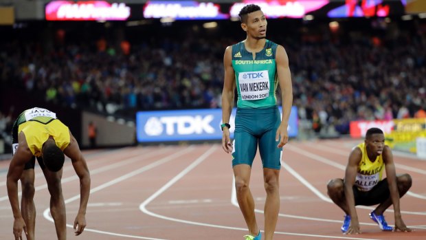 South Africa's Wayde Van Niekerk (centre) after his victory in the final of the 400m in London.
