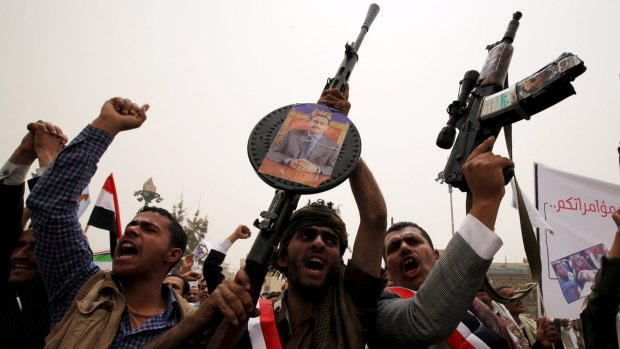 Supporters of Yemen's former president Ali Abdullah Saleh at a rally against air strikes in Sanaa on Friday.