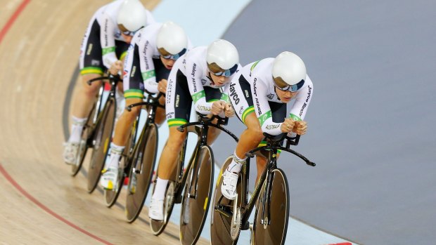 The Australian women's pursuit team during the team pursuit qualifying session on day one of the UCI Track Cycling World Cup in London on Friday.
