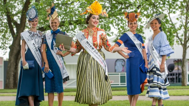 Finalists in the Myer Fashions on the Field competition: Courtney Moore (SA), Alice Bright (TAS), Inessa Mcintyre (QLD), Ashleigh Ridgeway (WA), and Regie Thei (NSW. The Victorian Finalist will be announced during the Carnival. 