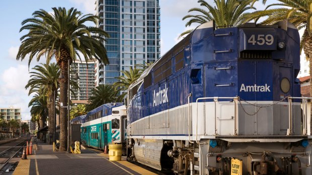 The Pacific Surfliner train along the Pacific Coast from Los Angeles to ...