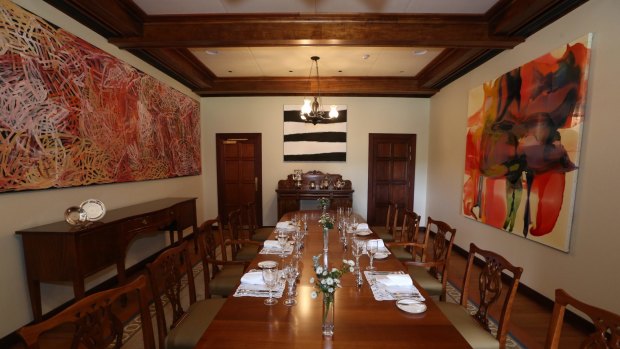 Some of the artworks in the dining room at The Lodge, including Emily Kame Kngwarreye's, <i>Yam awely</i>, (left).