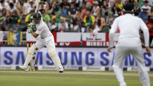 South African captain A.B. de Villiers is trapped in front by Stuart Broad.