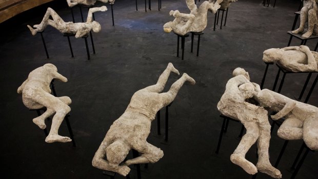 Casts of the victims of the eruption of Mount Vesuvius in site of Pompeii, Italy. Scientists are scanning the casts to learn what the contents can reveal about daily life before the eruption. 