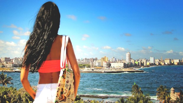 View of Havana and Malecon from the other side of the channel.