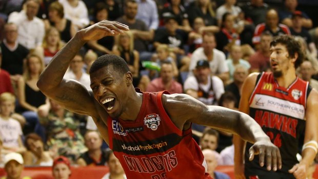 Casey Prather of the Wildcats reacts during game two of the NBL Grand Final series between the Perth Wildcats and the Illawarra Hawks at WIN Entertainment Centre.