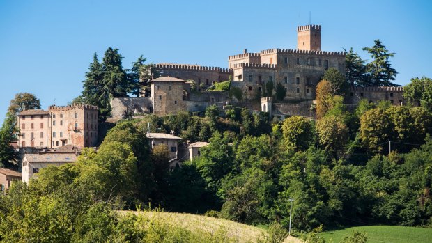Guestrooms are lodged in the towers and farm buildings at the hilltop fortress Tabiano Castello, near Parma.