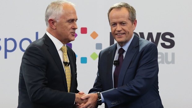 Prime Minister Malcolm Turnbull and Opposition Leader Bill Shorten shake hands at the Facebook debate.