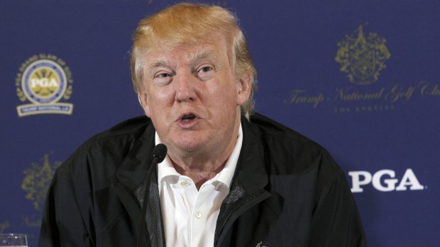 Donald Trump speaks during a news conference in Rancho Palos Verdes, Calif., on Tuesday, March 10, 2015. Trump National Golf Club - Los Angeles will host the the 33rd PGA Grand Slam of Golf in October. (AP Photo/Nick Ut)