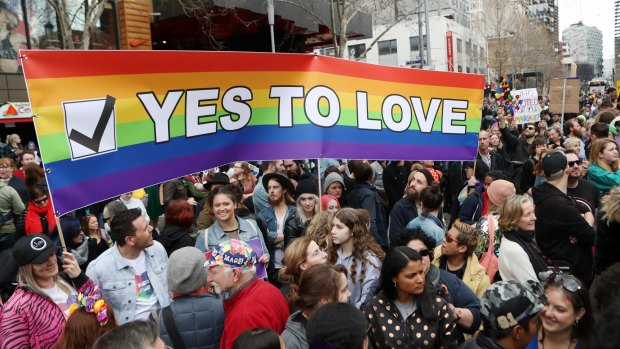 Supporters join in the marriage equality rally in Melbourne on  Saturday.