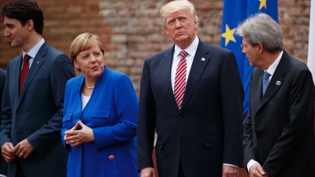 G7 leaders at Friday's meeting: Canadian Prime Minister Justin Trudeau, German Chancellor Angela Merkel, US President Donald Trump and Italian Prime Minister Paolo Gentiloni.