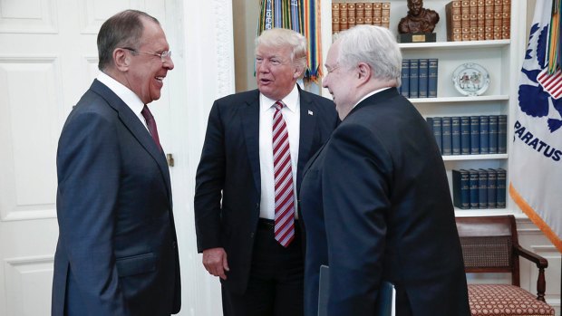 US President Donald Trump with Russian Foreign Minister Sergey Lavrov, left, and Russian ambassador to the US Sergey Kislyak in the White House in May.