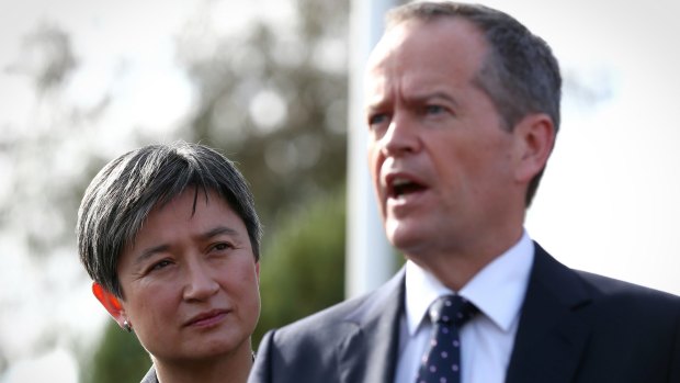 Opposition Leader Bill Shorten and Labor senator Penny Wong, who has argued strongly against the plebiscite and for same-sex marriage. 
