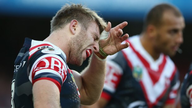 Dejected: Roosters winger Brendan Elliot after a Dragons try during the round eight NRL match at Allianz Stadium.