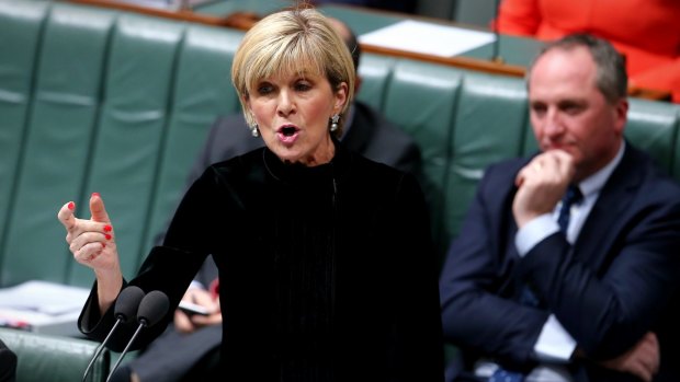 Minister for Foreign Affairs Julie Bishop and Deputy Prime Minister Barnaby Joyce during question time.