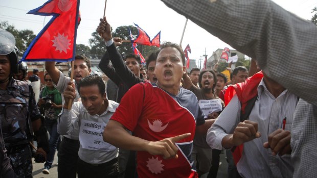 Students shout slogans against India near the Indian Embassy during a protest against the blockade of cargo trucks along the border with India in Kathmandu, Nepal, on Monday.