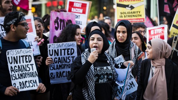 UTS students and staff in Sydney protest against Islamophobia in May after a group of female Muslims were attacked on campus.